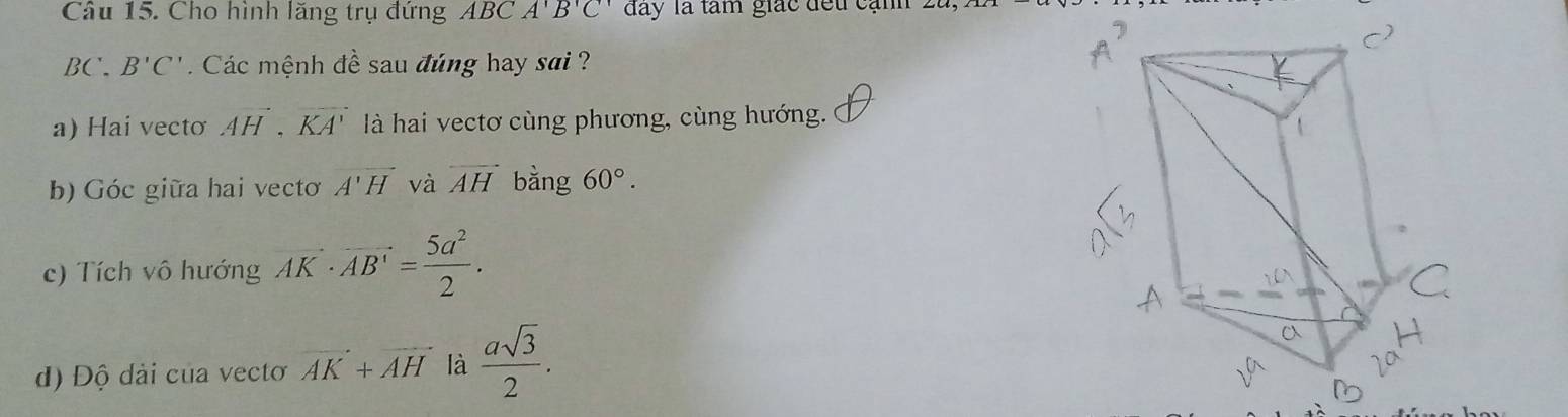 Cho hình lăng trụ đứng ABCA'B'C' đay là tâm giác đếu cạnh
BC'. B'C' Các mệnh đề sau đúng hay sai ? 
a) Hai vecto vector AH, vector KA' là hai vectơ cùng phương, cùng hướng. 
b) Góc giữa hai vecto A'H và overline AH bằng 60°. 
c) Tích vô hướng vector AK· vector AB'= 5a^2/2 . 
d) Độ dài của vecto vector AK+vector AH là  asqrt(3)/2 .