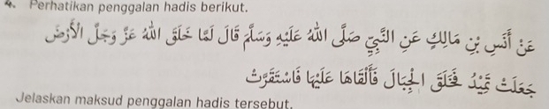 Perhatikan penggalan hadis berikut. 
Ji Jos se ải Giz li Jié Sas age sải Jo qồi Sê CUlG S Lảt Se 
yéé qe nét jui đé dé cn 
Jelaskan maksud penggalan hadis tersebut.