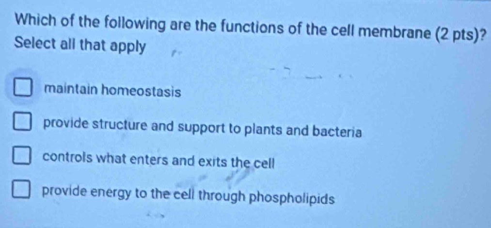 Which of the following are the functions of the cell membrane (2 pts)?
Select all that apply
maintain homeostasis
provide structure and support to plants and bacteria
controls what enters and exits the cell
provide energy to the cell through phospholipids