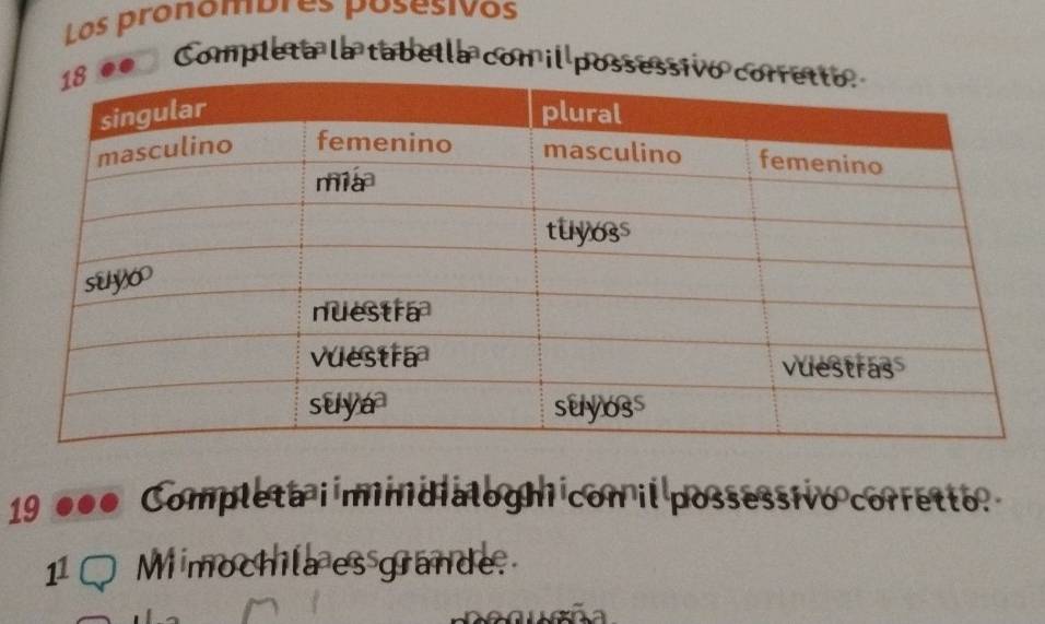 Los prónombres posésivos 
.. Completa la tabella con il possessi 
19 .. Completa i minidialoghi con il possessivo corretto.
1^1 Mi mochila es grande. 
pequeña