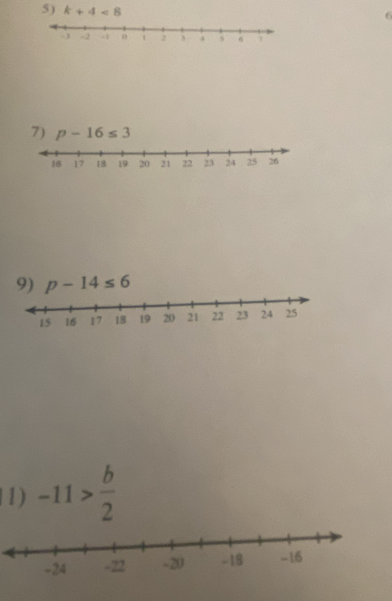 k+4<8</tex> 
6 
7) p-16≤ 3
9) p-14≤ 6
11) -11> b/2 