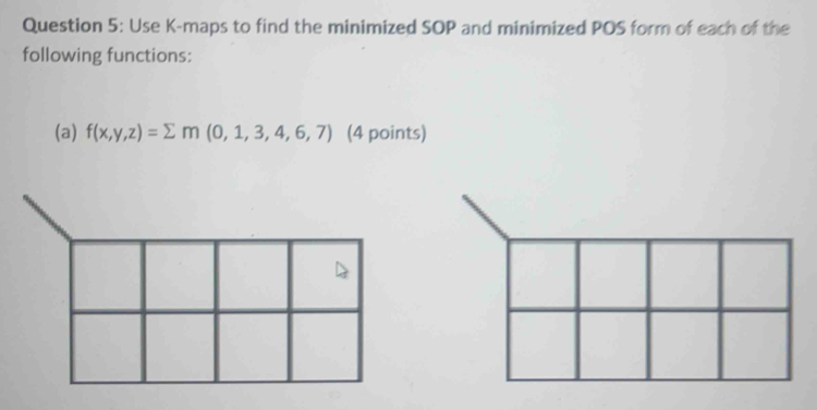 Use K -maps to find the minimized SOP and minimized POS form of each of the 
following functions: 
(a) f(x,y,z)=sumlimits m(0,1,3,4,6,7) (4 points)