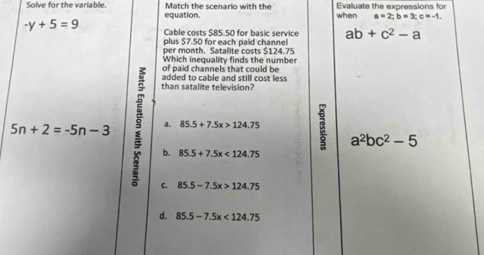 Solve for the variable. Match the scenario with the Evaluate the expressions for
equation. when a=2; b=3; c=-1.
-y+5=9
Cable costs $85.50 for basic service ab+c^2-a
plus $7.50 for each paid channel
per month. Satalite costs $124.75
Which inequality finds the number
of paid channels that could be
added to cable and still cost less
than satalite television?
5n+2=-5n-3 a. 85.5+7.5x>124.75 B a^2bc^2-5
b. 85.5+7.5x<124.75
C. 85.5-7.5x>124.75
d. 85.5-7.5x<124.75