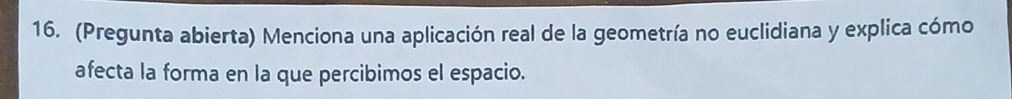 (Pregunta abierta) Menciona una aplicación real de la geometría no euclidiana y explica cómo 
afecta la forma en la que percibimos el espacio.