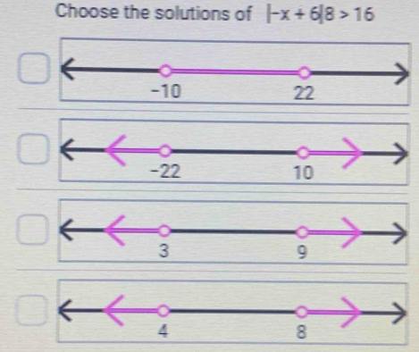 Choose the solutions of |-x+6|8>16