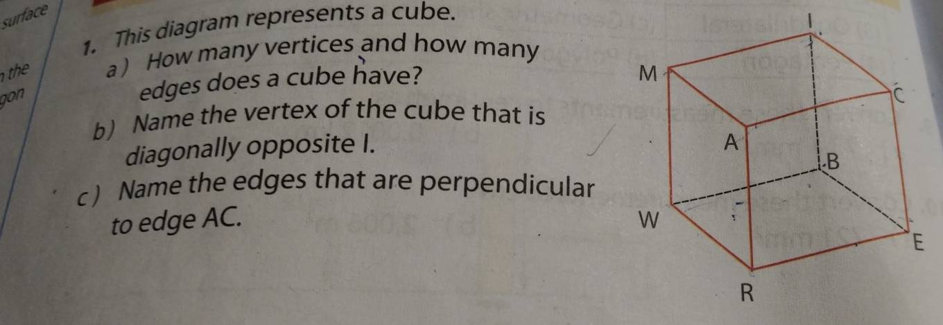Solved: surface 1. This diagram represents a cube. the a ) How many ...
