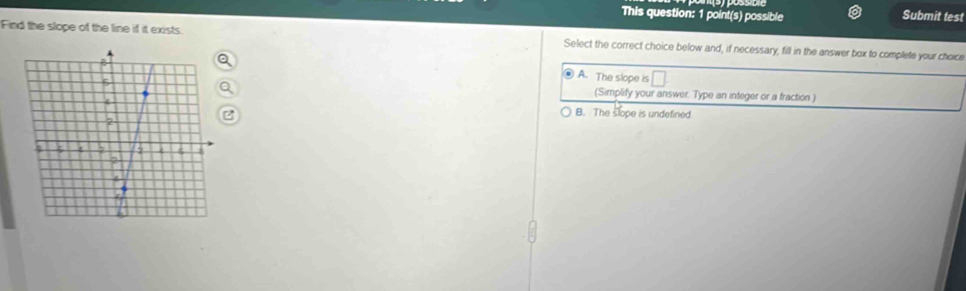 This question: 1 point(s) possible Submit test
Find the slope of the line if it exists Select the correct choice below and, if necessary, fill in the answer box to complete your choice
A. The slope is □
(Simplify your answer. Type an integer or a fraction )
B. The slope is undefined