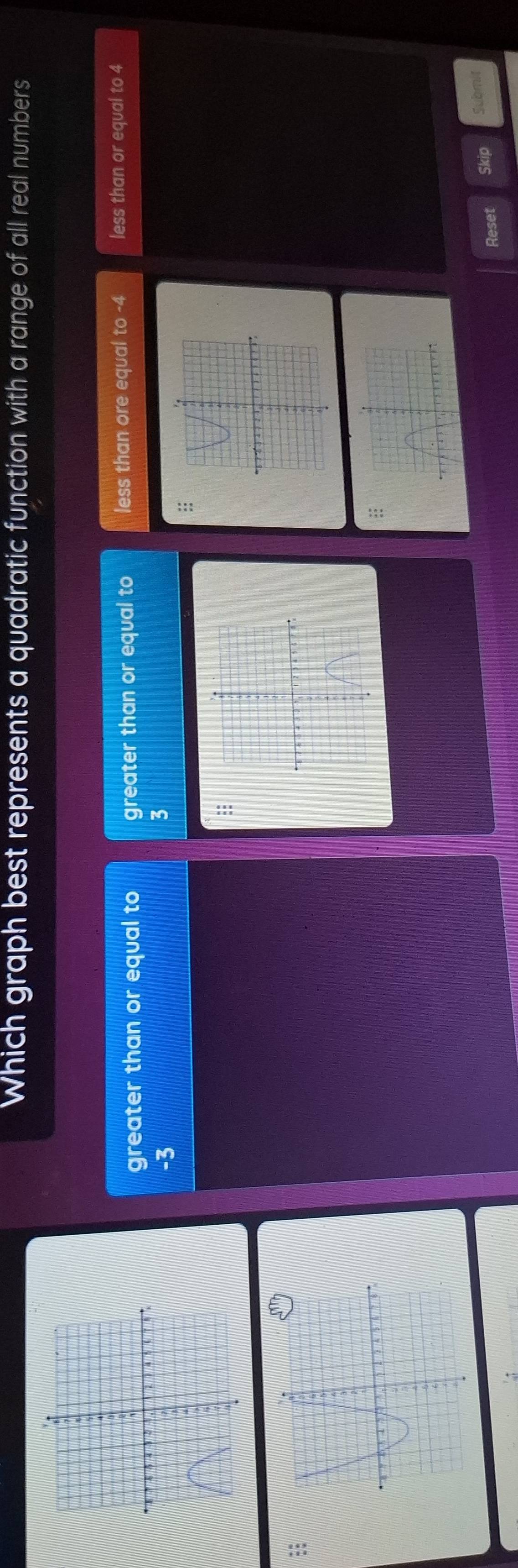 Which graph best represents a quadratic function with a range of all real numbers
greater than or equal to greater than or equal to less than ore equal to -4 less than or equal to 4
-3
3
:
;;
Reset Skip Submit