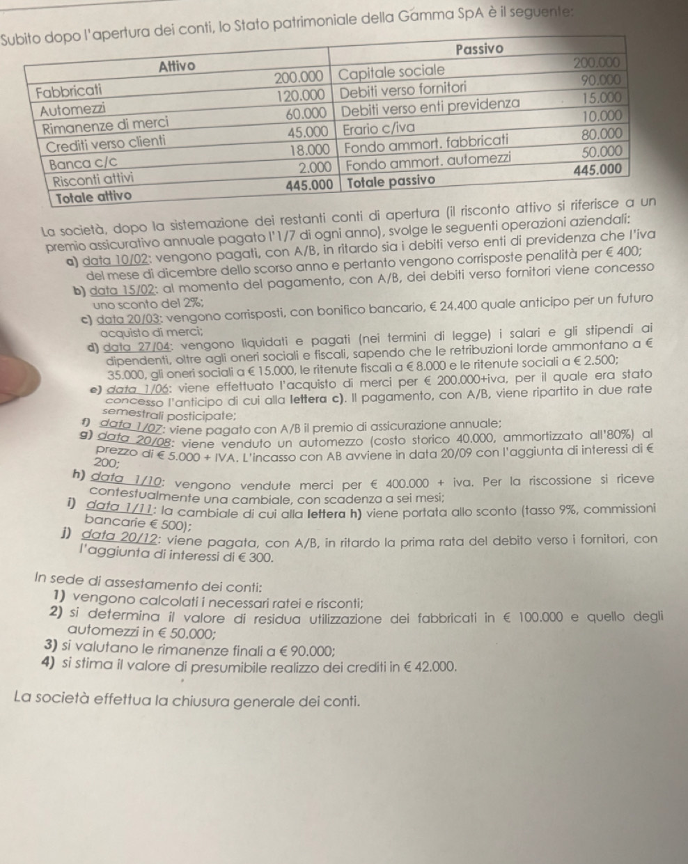 Slo Stato patrimoniale della Gamma SpA è il seguente:
La società, dopo la sistemazione dei restanti conti di apertura (i
premio assicurativo annuale pagato I'1/7 di ogni anno), svolge le seguenti operazioni aziendali:
a) data 10/02: vengono pagati, con A/B, in ritardo sia i debiti verso enti di previdenza che I'iva
del mese di dicembre dello scorso anno e pertanto vengono corrisposte penalità per € 400;
b) data 15/02: al momento del pagamento, con A/B, dei debiti verso fornitori viene concesso
uno sconto del 2%;
c) data 20/03: vengono corrisposti, con bonifico bancario, € 24.400 quale anticipo per un futuro
acquisto di merci;
d) data 27/04: vengono liquidati e pagati (nei termini di legge) i salari e gli stipendi ai
dipendenti, oltre agli oneri sociali e fiscali, sapendo che le retribuzioni lorde ammontano a €
35.000, gli oneri sociali a €15.000, le ritenute fiscali a€8.000 e le ritenute sociali a €2.500;
e) data 1/06: viene effettuato l'acquisto di merci per € 200.000+iva, per il quale era stato
concesso l'anticipo di cui alla lettera c). Il pagamento, con A/B, viene ripartito in due rate
semestrali posticipate;
1 dato 1/07: viene pagato con A/B il premio di assicurazione annuale;
g) data 20/08: viene venduto un automezzo (costo storico 40.000, ammortizzato all'80%) al
prezzo di
200; 5.000+IV A L'inçasso con AB avviene in data 20/09 con l'aggiunta di interessi di €
h) data 1/10: vengono vendute merci per € 400.000 + iva. Per la riscossione si riceve
contestualmente una cambiale, con scadenza a sei mesi;
i) data 1/11: la cambiale di cui alla lettera h) viene portata allo sconto (tasso 9%, commissioni
bancarie€ 500);
j) data 20/12: viene pagata, con A/B, in ritardo la prima rata del debito verso i fornitori, con
l'aggiunta di interessi di €300.
In sede di assestamento dei conti:
1) vengono calcolati i necessari ratei e risconti;
2) si determina il valore di residua utilizzazione dei fabbricati in €100.000 e quello degli
automezzi in ∈ 50.000;
3) si valutano le rimanenze finali a€90.000;
4) si stima il valore di presumibile realizzo dei crediti in ∈ 42.000
La società effettua la chiusura generale dei conti.