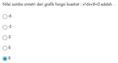 Nilai sumbu simetri dari grafik fungsi kuadrat : x^2-6x+8=0 adalah .
-6
-3
3
6
8