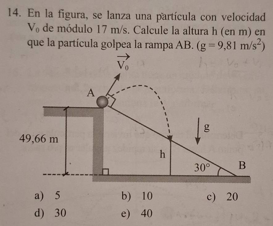 En la figura, se lanza una partícula con velocidad
V_0 de módulo 17 m/s. Calcule la altura h (en m) en
que la partícula golpea la rampa AB. (g=9,81m/s^2)
a) 5 b) 10 c) 20
d) 30 e) 40