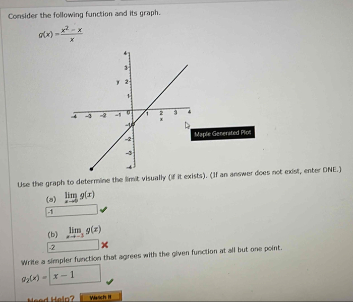 Consider the following function and its graph.
g(x)= (x^2-x)/x 
aple Generated Plot 
Use the graph to determine the limit visually (if it exists). (If an answer does not exist, enter DNE.) 
(a) limlimits _xto 0g(x)
1 
(b) limlimits _xto -3g(x)
-2 × 
Write a simpler function that agrees with the given function at all but one point.
g_2(x)=□ x-1
Need Heln? Watch it