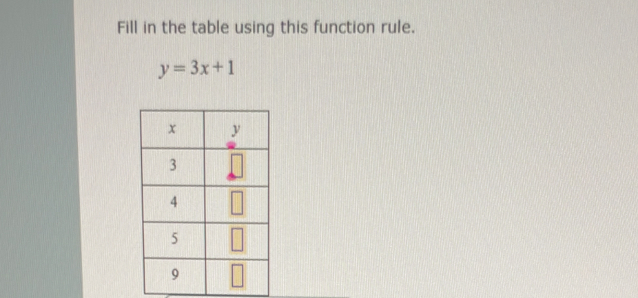 Fill in the table using this function rule.
y=3x+1