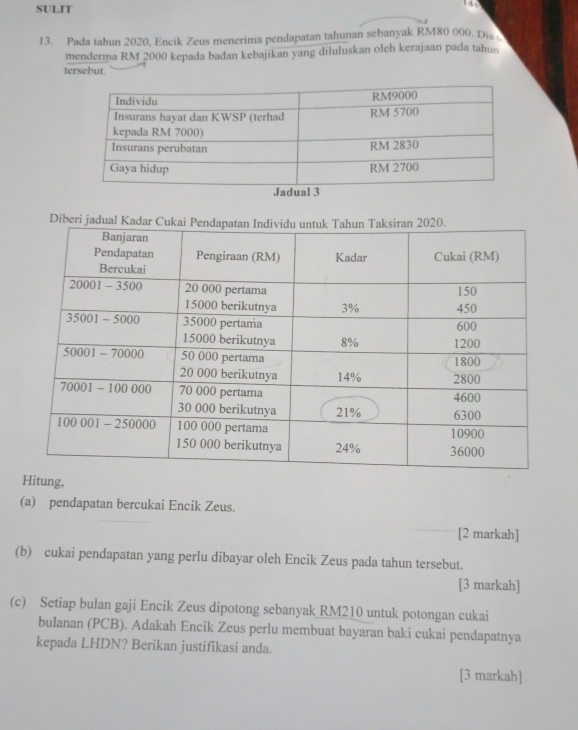 SULIT 
14 
13. Pada tahun 2020, Encik Zeus menerima pendapatan tahunan sebanyak RM80 000. Dia 
menderma RM 2000 kepada badan kebajikan yang diluluskan oleh kerajaan pada tahun 
tersebut. 
Diberi 
Hitung, 
(a) pendapatan bercukai Encik Zeus. 
[2 markah] 
(b) cukai pendapatan yang perlu dibayar oleh Encik Zeus pada tahun tersebut. 
[3 markah] 
(c) Setiap bulan gaji Encik Zeus dipotong sebanyak RM210 untuk potongan cukai 
bulanan (PCB). Adakah Encik Zeus perlu membuat bayaran baki cukai pendapatnya 
kepada LHDN? Berikan justifikasi anda. 
[3 markah]