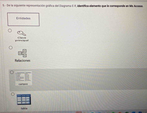 5.- De la siguiente representación gráfica del Diagrama E-R, identifica elemento que le corresponde en Ms Access.
Entidades
principal Clave
Relaciones
campos
tabla