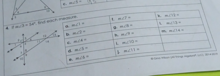 m∠ 5=. If m∠ 3=54°
9