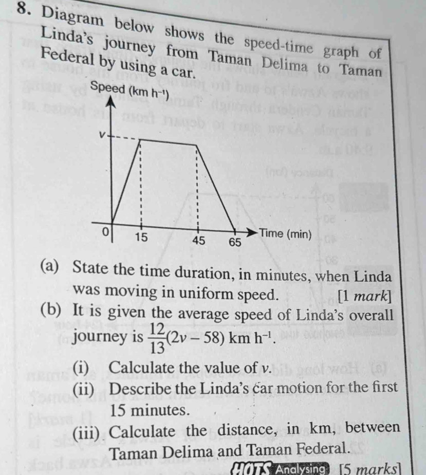 Diagram below shows the speed-time graph of
Linda's journey from Taman Delima to Taman
Federal by using a car.
(a) State the time duration, in minutes, when Linda
was moving in uniform speed. [1 mark]
(b) It is given the average speed of Linda's overall
journey is  12/13 (2v-58)kmh^(-1).
(i) Calculate the value of v.
(ii) Describe the Linda’s car motion for the first
15 minutes.
(iii) Calculate the distance, in km, between
Taman Delima and Taman Federal.
Andlysing [5 marks]