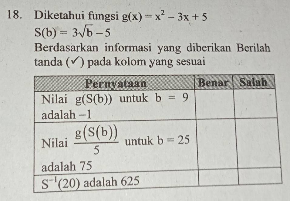 Diketahui fungsi g(x)=x^2-3x+5
S(b)=3sqrt(b)-5
Berdasarkan informasi yang diberikan Berilah
tanda (✓) pada kolom yang sesuai