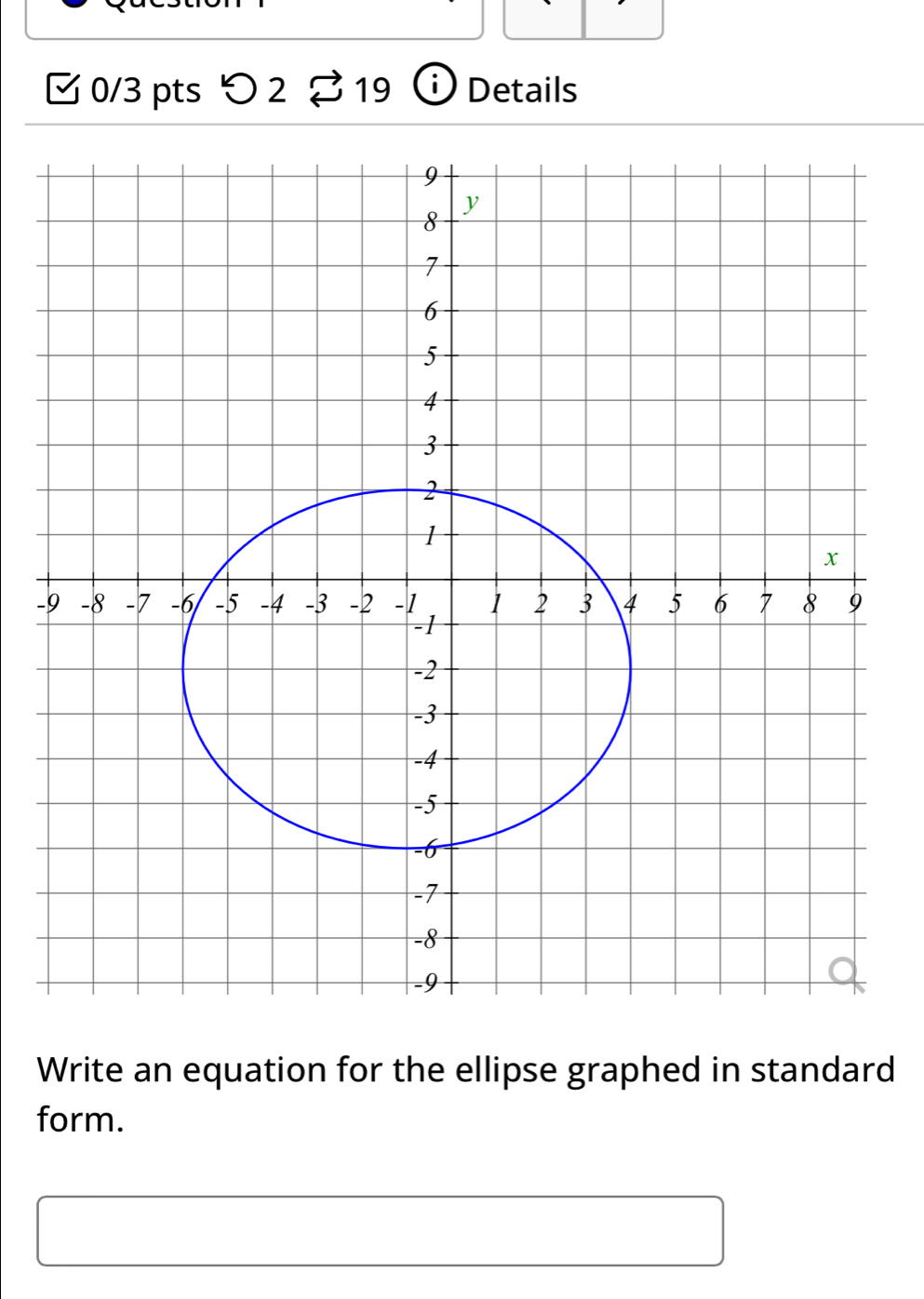 √ 0/3 pts 2 S 19 ⓘ Details 
- 
Write an equation for the ellipse graphed in standard 
form.