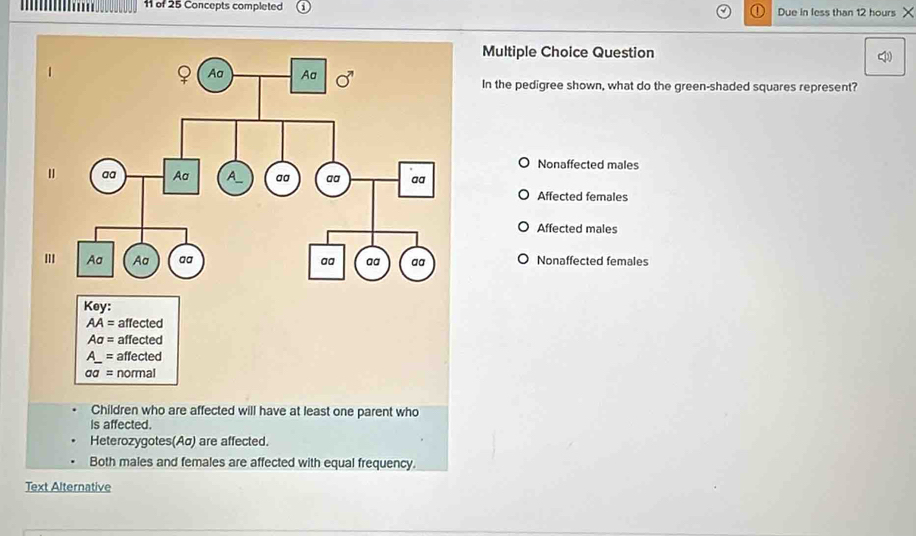 of 25 Concepts completed Due in less than 12 hours ×
Multiple Choice Question
In the pedigree shown, what do the green-shaded squares represent?
Nonaffected males
Affected females
Affected males
Nonaffected females
Text Alternative