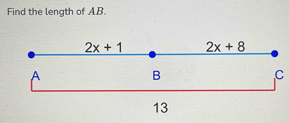 Find the length of AB.
(2x+1)+(2x+8)=13