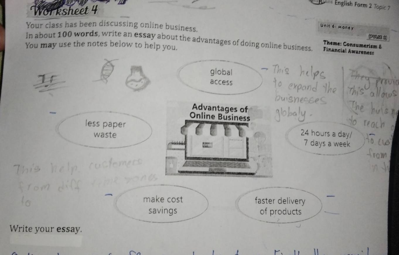 English Form 2 Topic 7 
Worksheet 4 
Your class has been discussing online business. 
Unit 6: Money 
(PULSE 2) 
In about 100 words, write an essay about the advantages of doing online business. Financial Awareness 
Theme: Consumerism & 
You may use the notes below to help you. 
global 
access 
Advantages of 
Online Business 
less paper 
waste
24 hours a day /
7 days a week
make cost faster delivery 
_ 
savings of products 
_ 
Write your essay.