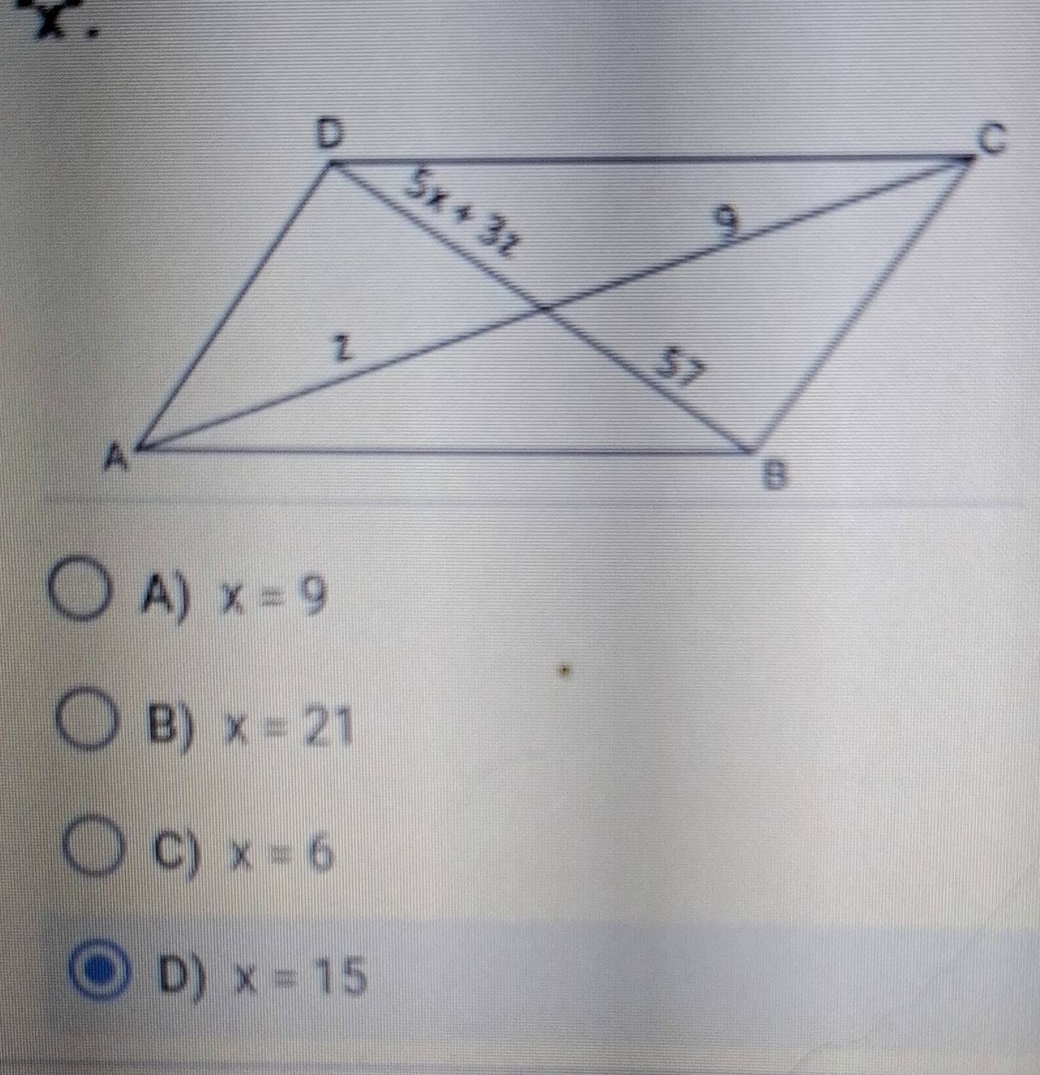 A) x=9
B) x=21
C) x=6
D) x=15