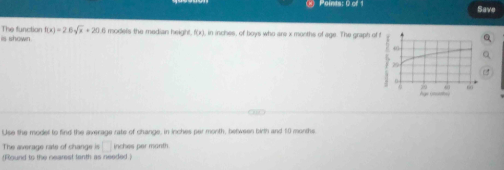 Save 
The function f(x)=2.6sqrt(x)+20.6 models the median height, f(x) , in inches, of boys who are x months of age. The graph of 
is shown. 
Use the model to find the average rate of change, in inches per month, between birth and 10 months. 
The average rate of change is □ inches per month
(Round to the nearest tenth as needed )