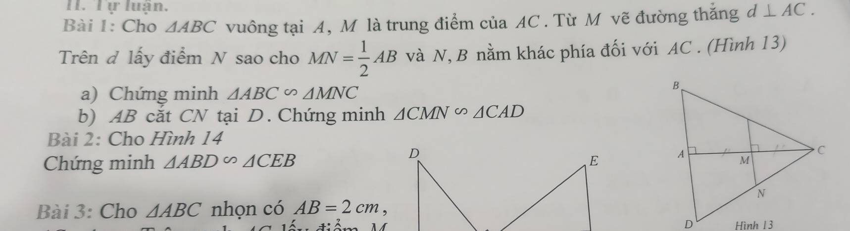 Tự luận. 
Bài 1: Cho △ ABC vuông tại A, M là trung điểm của AC. Từ M vẽ đường thắng d⊥ AC. 
Trên đ lấy điểm N sao cho MN= 1/2 AB và N, B nằm khác phía đối với AC. (Hình 13) 
a) Chứng minh △ ABC∽ △ MNC
b) AB cắt CN tại D. Chứng minh △ CMN∽ △ CAD
Bài 2: Cho Hình 14
D
Chứng minh △ ABD∽ △ CEB E 
Bài 3: Cho △ ABC nhọn có AB=2cm,