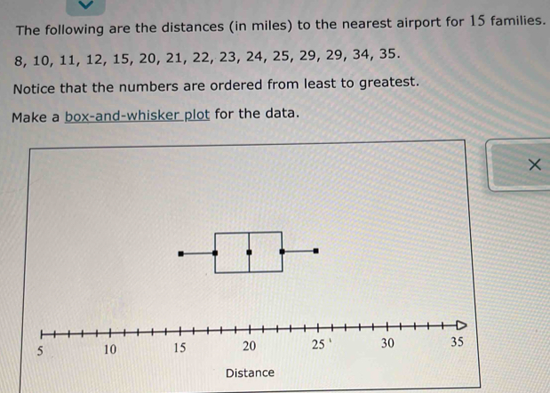 The following are the distances (in miles) to the nearest airport for 15 families.
8, 10, 11, 12, 15, 20, 21, 22, 23, 24, 25, 29, 29, 34, 35. 
Notice that the numbers are ordered from least to greatest. 
Make a box-and-whisker plot for the data. 
× 
Distance