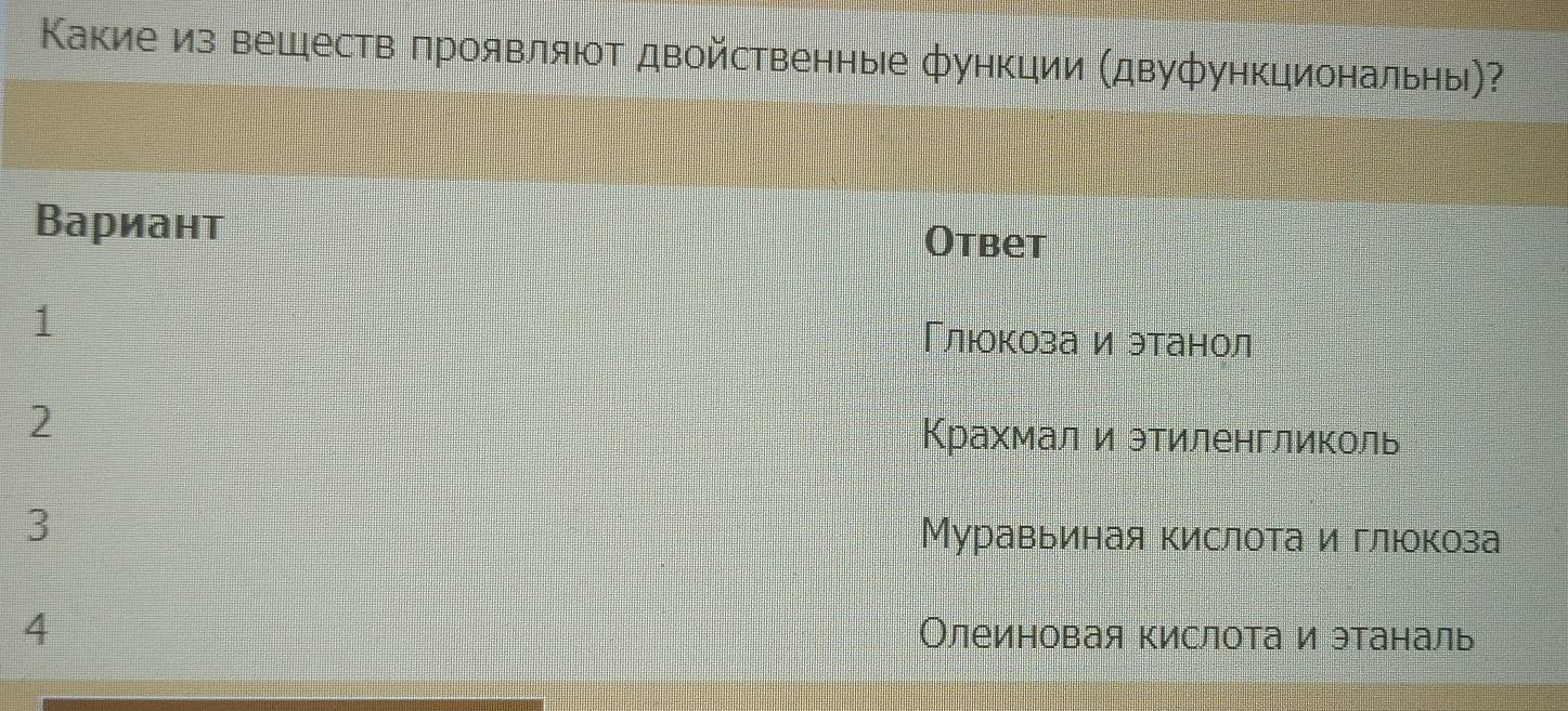 Κакие из вешеств πроявляюΤ двойственные функции (двуфункциональны)?
Вариант Otbet
1
Глюокоза иэтанол
2
Крахмал и этиленгликоль
3 Муравьиная кислота и глюокоза
4
Олеиновая кислота и этаналь