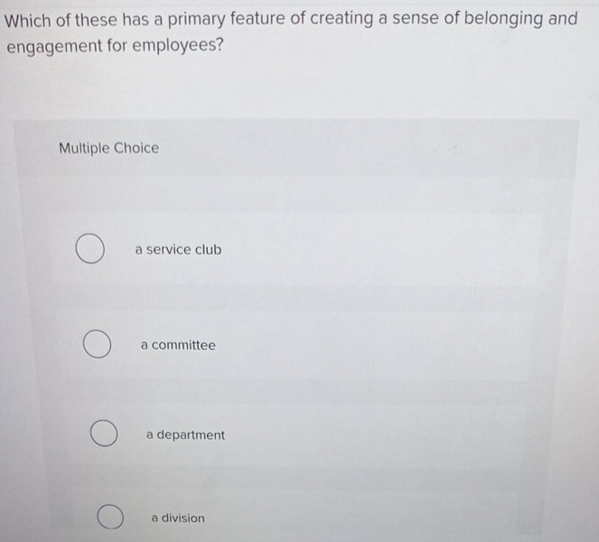 Which of these has a primary feature of creating a sense of belonging and
engagement for employees?
Multiple Choice
a service club
a committee
a department
a division