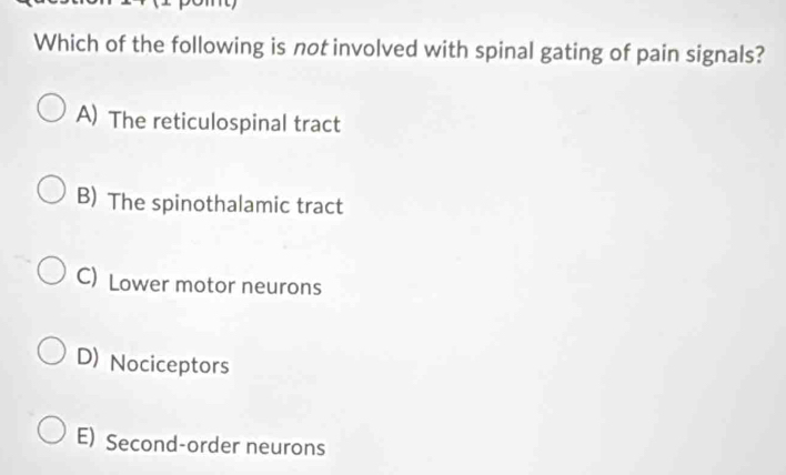 Which of the following is not involved with spinal gating of pain signals?
A) The reticulospinal tract
B) The spinothalamic tract
C) Lower motor neurons
D) Nociceptors
E) Second-order neurons