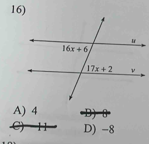 A) 4 B) 8
C) 11 D) -8