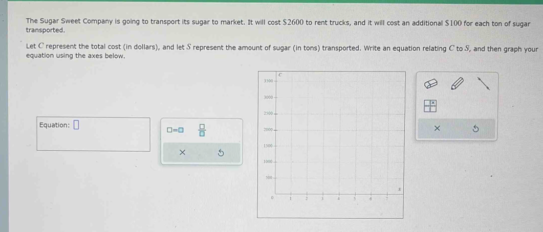 The Sugar Sweet Company is going to transport its sugar to market. It will cost $2600 to rent trucks, and it will cost an additional $100 for each ton of sugar 
transported. 
Let C represent the total cost (in dollars), and let S represent the amount of sugar (in tons) transported. Write an equation relating C to S, and then graph your 
equation using the axes below. 
Equation: □
□ =□  □ /□  
× 5 
×