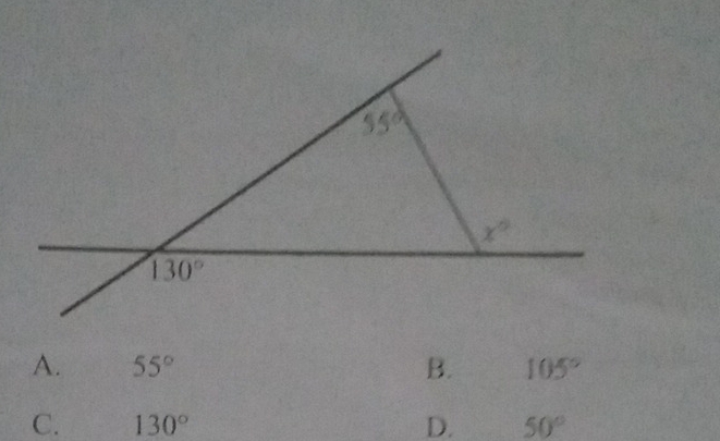 A. 55° B. 105°
C. 130° D. 50°