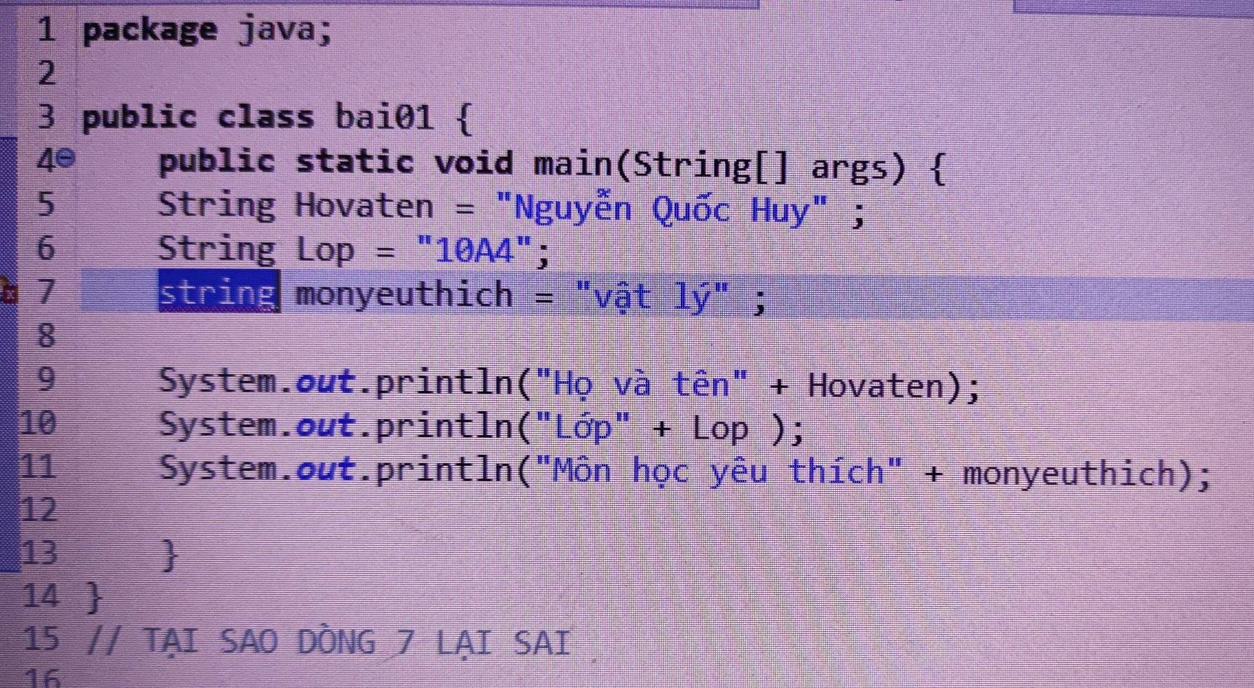 Giải quyết:package java; 2 3 public class bai01 40 public static void ...
