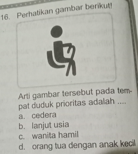 Perhatikan gambar berikut!
Arti gambar tersebut pada tem-
pat duduk prioritas adalah ....
a. cedera
b. lanjut usia
c. wanita hamil
d. orang tua dengan anak kecil