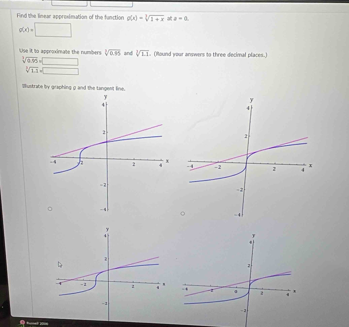 Find the linear approximation of the function g(x)=sqrt[3](1+x) at a=0.
g(x)approx □
Use it to approximate the numbers sqrt[3](0.95) and sqrt[3](1.1). (Round your answers to three decimal places.)
sqrt[3](0.95)approx □
sqrt[3](1.1)approx □
Illustrate by graphing g and the tangent line. 

Russel) 2000