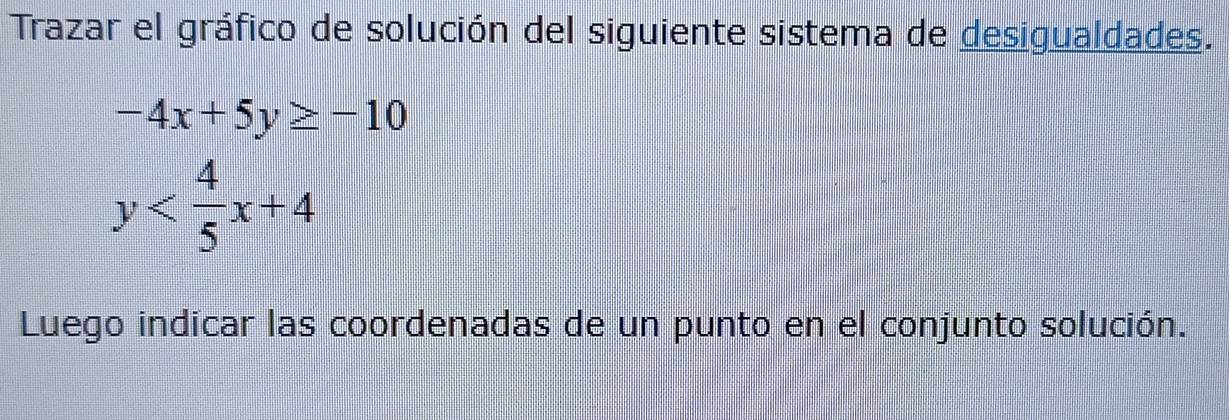 Trazar el gráfico de solución del siguiente sistema de desigualdades.
-4x+5y≥ -10
y
Luego indicar las coordenadas de un punto en el conjunto solución.