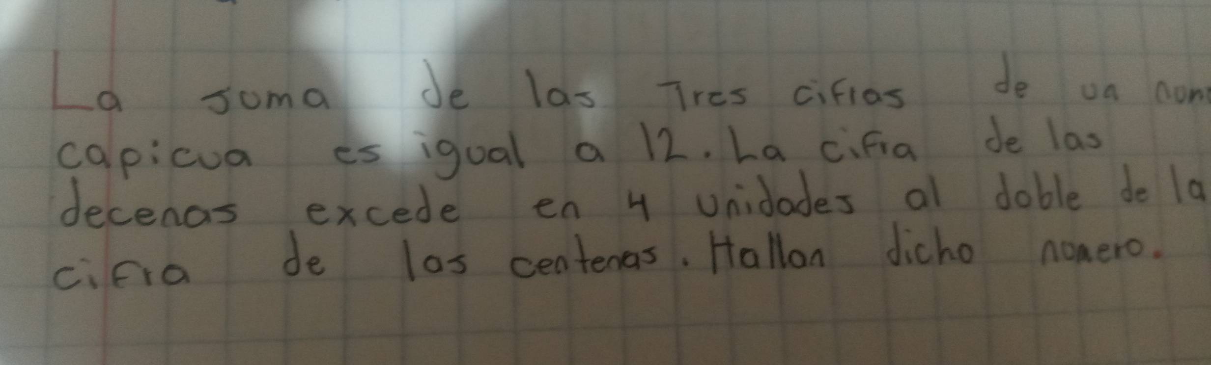 La soma de las Tres cifias do on non 
capicua es igual a 12, La cifia de las 
decenas excede en 4 unidodes al dable do la 
cifra de las ceatenas. Hallon dicho nomero.