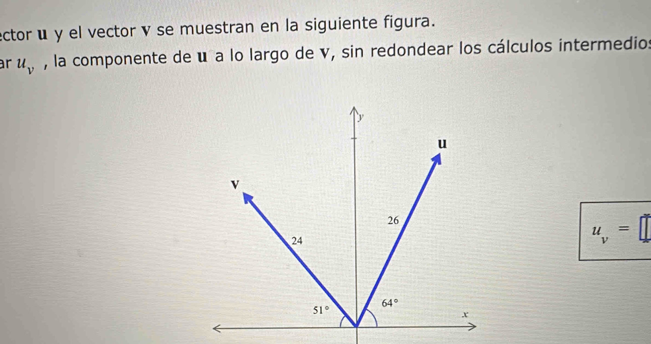 ector é y el vector v se muestran en la siguiente figura.
ar u_v , la componente de u a lo largo de v, sin redondear los cálculos intermedios
u_v=