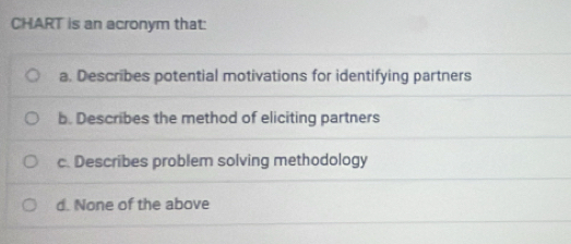 Solved: CHART is an acronym that: a. Describes potential motivations ...