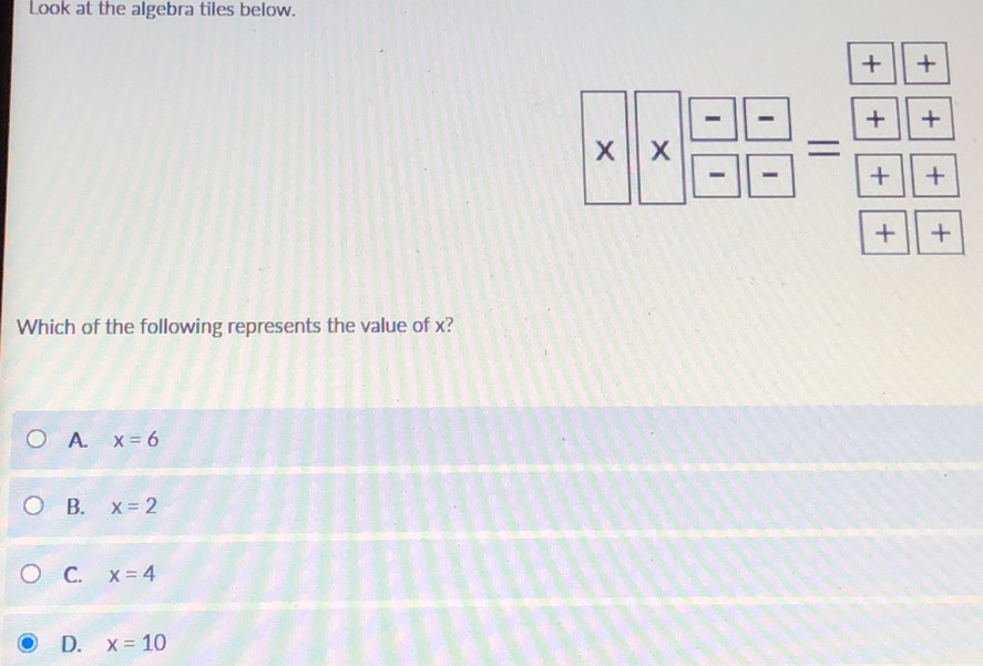 Look at the algebra tiles below.
+
1 
+ +
X
+ +
+ +
Which of the following represents the value of x?
A. x=6
B. x=2
C. x=4
D. x=10