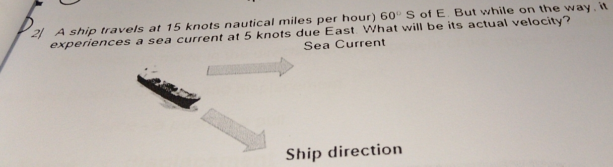 A ship travels at 15 knots nautical miles per hour) 60°S of E. But while on the way, it 
experiences a sea current at 5 knots due East. What will be its actual velocity? 
Sea Current 
Ship direction