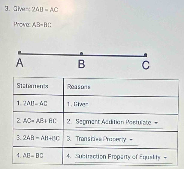 Given: 2AB=AC
Prove: AB=BC
A
B
C