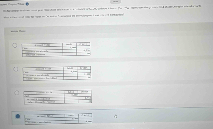 sabled! Chapter 7 Quiz Saved 
On November 10 of the current year, Flores Mills sold carpet to a customer for $9,000 with credit terms 1/1 , %½. Flores uses the gross method of accounting for sales discounts. 
What is the correct entry for Flores on December 5, assuming the correct payment was received on that date? 
Muttpie Choice