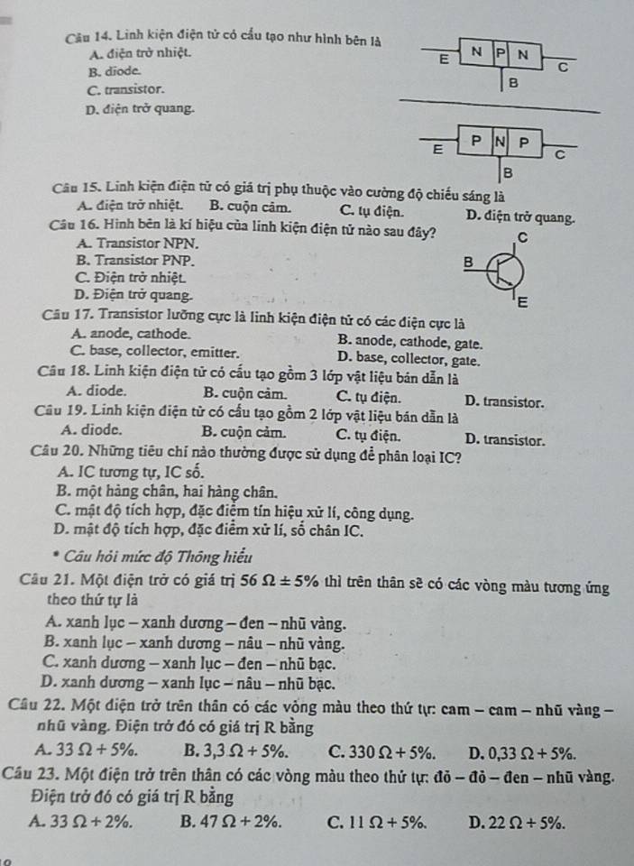 Linh kiện điện tử có cấu tạo như hình bên là
A. điện trở nhiệt.
B. diode.
C. transistor.
D. điện trở quang.
Câu 15. Linh kiện điện tử có giá trị phụ thuộc vào cường độ chiếu sáng là
A. điện trở nhiệt. B. cuộn câm. C. tụ điện. D. điện trở quang.
Câu 16. Hình bên là kí hiệu của linh kiện điện tử nào sau đây? C
A. Transistor NPN.
B. Transistor PNP. B
C. Điện trở nhiệt.
D. Điện trở quang. E
Câu 17. Transistor lưỡng cực là linh kiện điện tử có các điện cực là
A. anode, cathode. B. anode, cathode, gate.
C. base, collector, emitter. D. base, collector, gate.
Câu 18. Linh kiện điện tử có cấu tạo gồm 3 lớp vật liệu bán dẫn là
A. diode. B. cuộn cảm. C. tụ điện. D. transistor.
Cầu 19. Linh kiện điện từ có cấu tạo gồm 2 lớp vật liệu bán dẫn là
A. diodc. B. cuộn cảm. C. tụ điện. D. transistor.
Câu 20. Những tiêu chí nào thường được sử dụng để phân loại IC?
A. IC tương tự, IC số.
B. một hàng chân, hai hàng chân.
C. mật độ tích hợp, đặc điệm tín hiệu xử lí, công dụng.
D. mật độ tích hợp, đặc điểm xử lí, số chân IC.
Câu hỏi mức độ Thông hiểu
Câu 21. Một điện trở có giá trị 56 Omega ± 5% thì trên thân sẽ có các vòng màu tương ứng
theo thứ tự là
A. xanh lục - xanh dương - đen - nhũ vàng.
B. xanh lục - xanh dương - nâu - nhũ vàng.
C. xanh dương - xanh lục - đen - nhũ bạc.
D. xanh dương - xanh lục - nâu - nhũ bạc.
Cầu 22. Một điện trở trên thân có các vống màu theo thứ tự: cam - cam - nhũ vàng -
nhũ vàng. Điện trở đó có giá trị R bằng
A. 33Omega +5% . B. 3,3Omega +5% . C. 330Omega +5% . D. 0,33Omega +5% .
Cầu 23. Một điện trở trên thân có các vòng màu theo thử tự: di-di-den-nhi vàng.
Điện trở đó có giá trị R bằng
A. 33Omega +2% . B. 47Omega +2% . C. 11Omega +5% . D. 22Omega +5% .