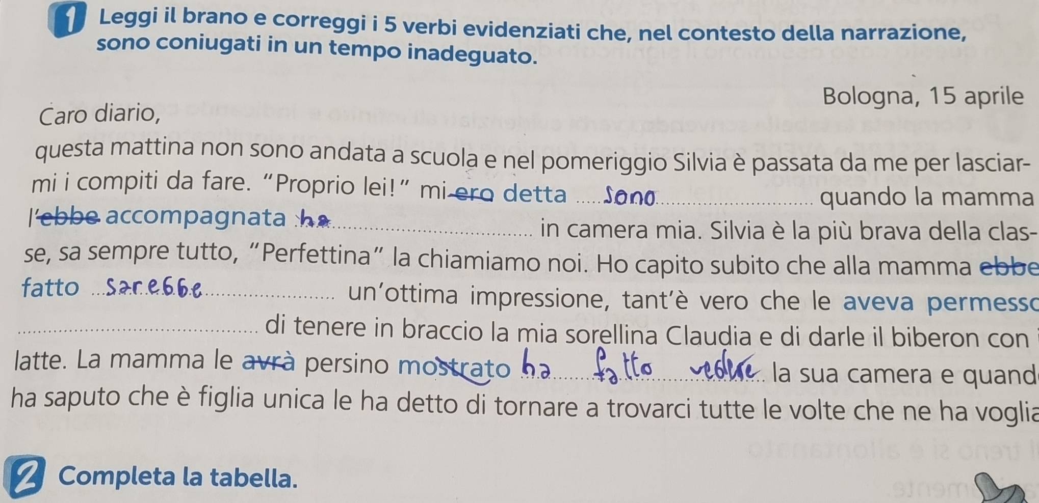 Leggi il brano e correggi i 5 verbi evidenziati che, nel contesto della narrazione, 
sono coniugati in un tempo inadeguato. 
Bologna, 15 aprile 
Caro diario, 
questa mattina non sono andata a scuola e nel pomeriggio Silvia è passata da me per lasciar- 
mi i compiti da fare. “Proprio lei!” mi ero detta_ 
quando la mamma 
ebb accom p agn t _ 
in camera mia. Silvia è la più brava della clas- 
se, sa sempre tutto, “Perfettina” la chiamiamo noi. Ho capito subito che alla mamma ebbe 
fatto _un'ottima impressione, tant'è vero che le aveva permesso 
_di tenere in braccio la mia sorellina Claudia e di darle il biberon con 
latte. La mamma le avrà persino mostrato _la sua camera e quand 
ha saputo che è figlia unica le ha detto di tornare a trovarci tutte le volte che ne ha voglia 
A Completa la tabella.