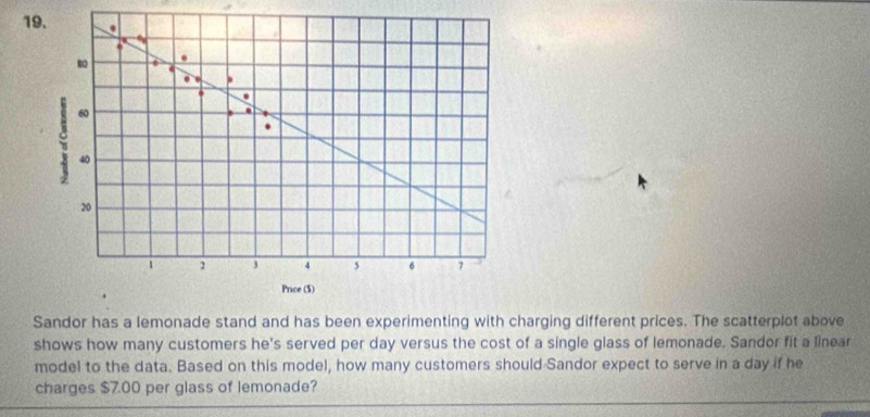 rging different prices. The scatterplot above 
shows how many customers he's served per day versus the cost of a single glass of lemonade. Sandor fit a linear 
model to the data. Based on this model, how many customers should Sandor expect to serve in a day if he 
charges $7.00 per glass of lemonade?